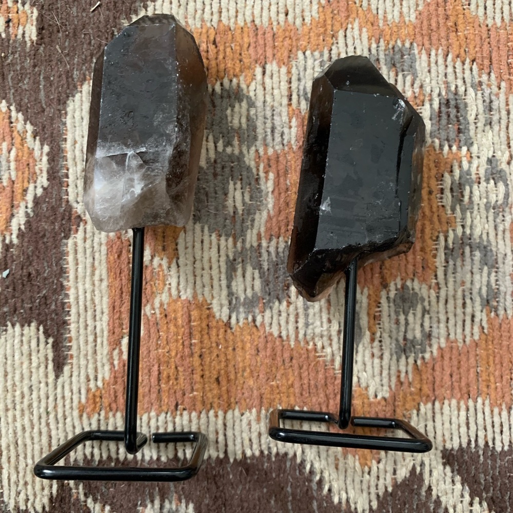 Pair of Smoky Quartz Points on Stand
